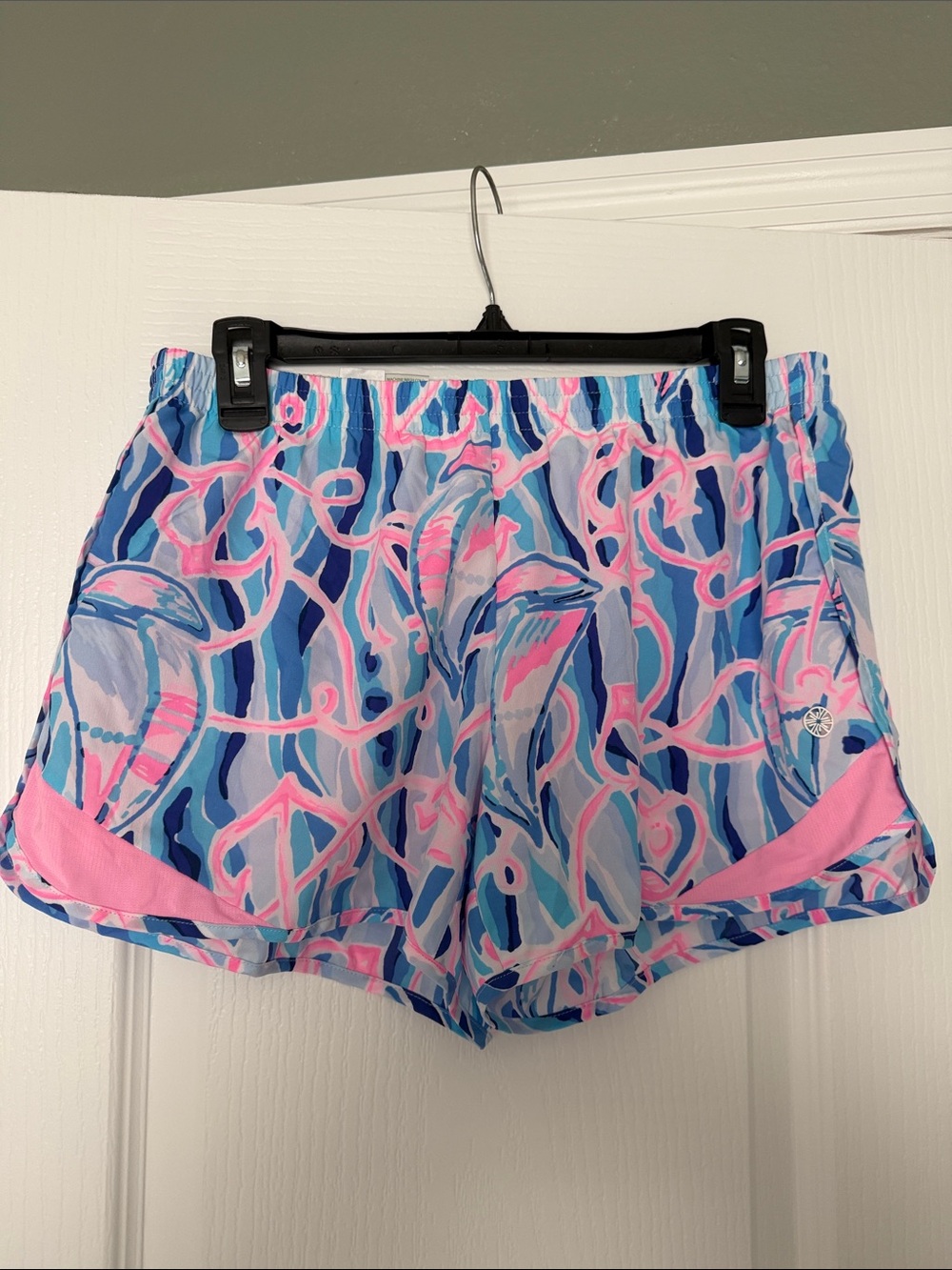 Lilly Pulitzer Luxletic Athletic Shorts in Blue & Pink Abstract Print